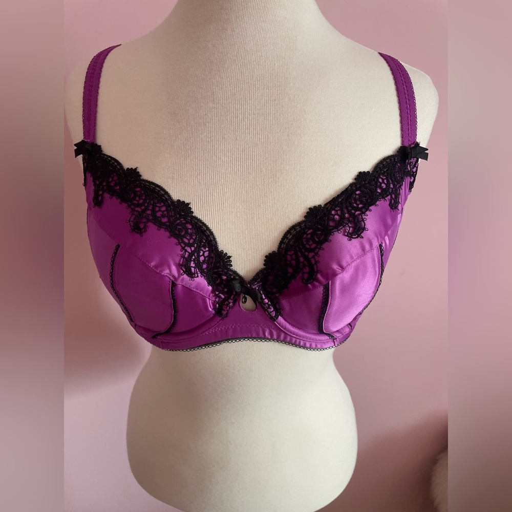Purple and Black Lace Trim Bra and Panty Set